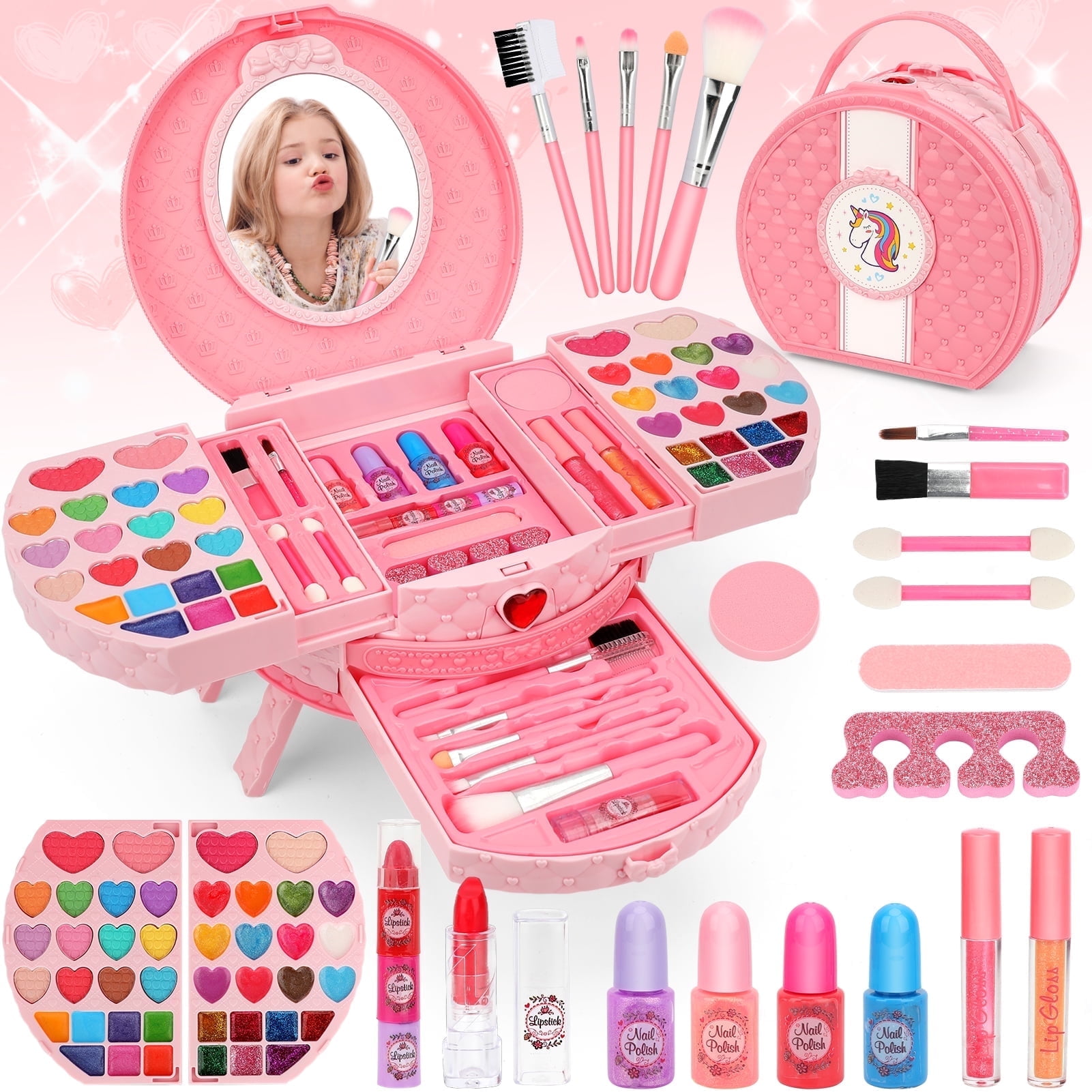Sendida Kids Makeup Kit for Girl, 66 Pcs Real Washable Makeup Set for Little Girls Play Makeup Toy Beauty Set Birthday Gift Age 3 4 5 6 7 8 9+ Year Old Kids Toddler Gifts