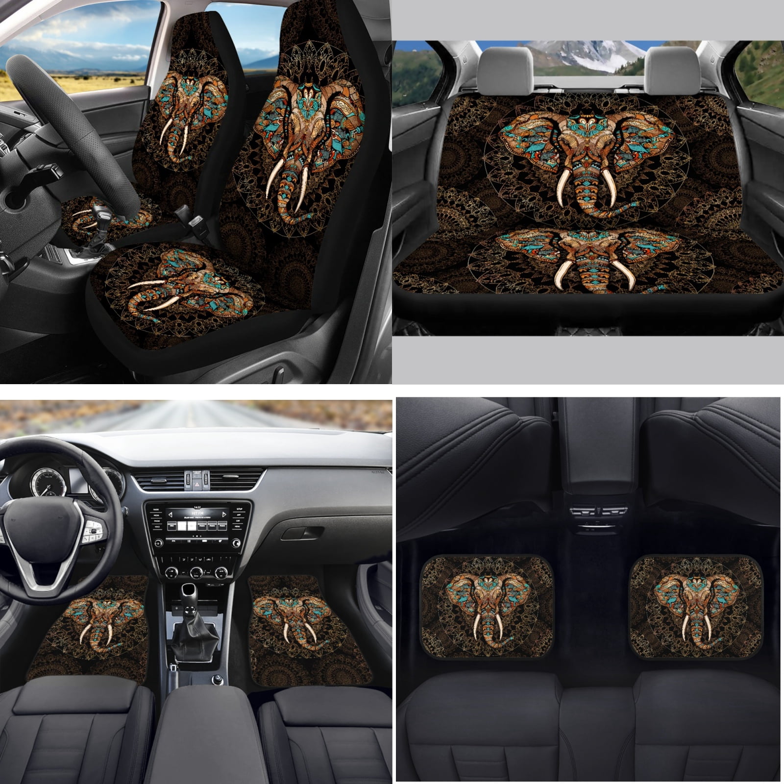 Yuyamidu 15 Pcs Boho Car Seat Cover Full Set with Car Floor Mats Elephant Steering Wheel Cover Brown Gear Shift Hand Brake Cover Seatbelt Pad Cup Coasters Interior Auto Accessory