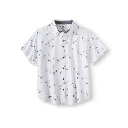 Wonder Nation Short Sleeve Stretch Button Up Printed Shirt (Little Boys, Big Boys, &