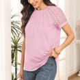 thumbnail image 2 of Morttic Women's Solid Color Ruched Front Short Sleeve Round Neck Lace Hollowed-Out Patchwork, Summer Casual T-Shirt Pink，S, 2 of 4