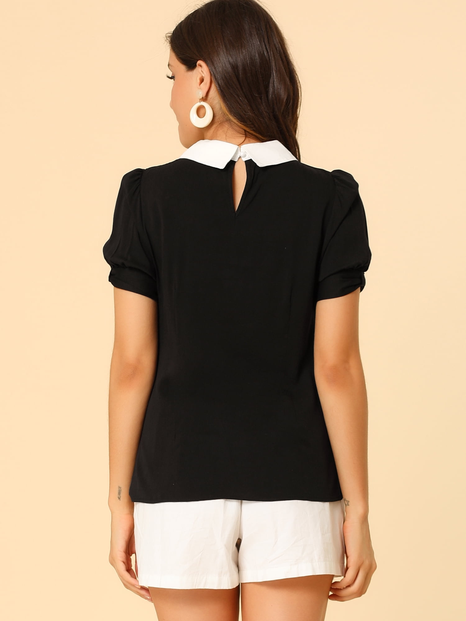 DARING DIVA Peter Pan Collar Contrast Puff Blouse Top S Black