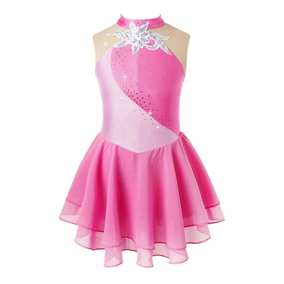 YEAHDOR Big Girls Rhinestone Ballet Gymnastics Leotard Sequins Floral Figure Skating Dress