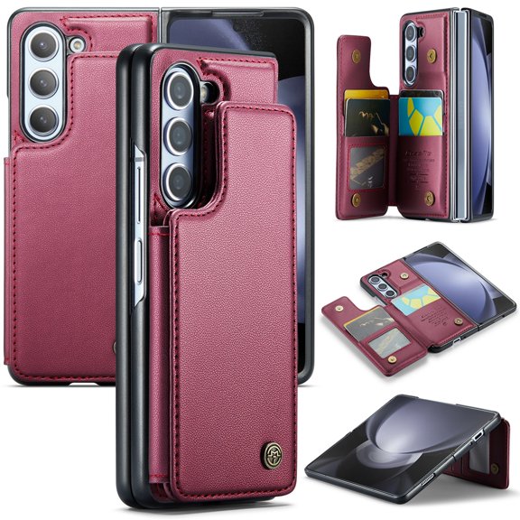 SaniMore for Samsung Galaxy Z Fold 3 Wallet Case, RFID Blocking PU Leather Kickstand Credit Slots Flip Folio Protective Case, Double Magnetic Clasp Durable Shockproof Cover for Z Fold 3, Winered