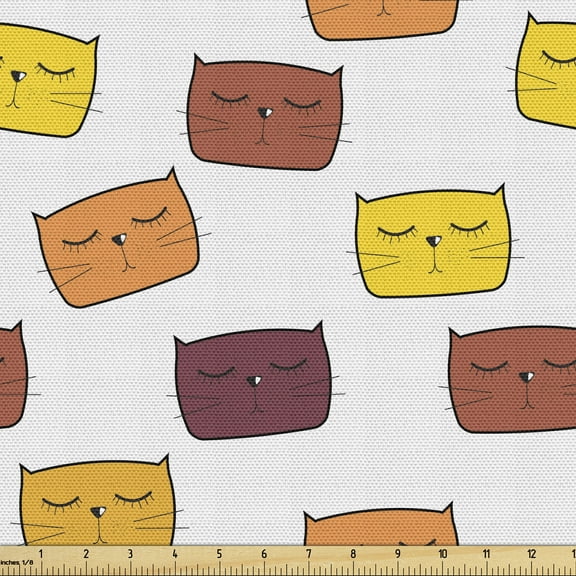 Cat Sofa Upholstery Fabric by the Yard, Hand Drawn Composition of Colorful Feline Portraits Sleeping Cartoon Animal Design, Decorative Fabric for DIY & Home Accents, 3 Yards, Multicolor by Ambesonne