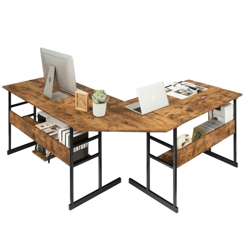 Demi Bonn L-Shaped Computer Desk with Tiltable Tabletop, Small Home Office Desk Study Writing Table, Rustic Brown