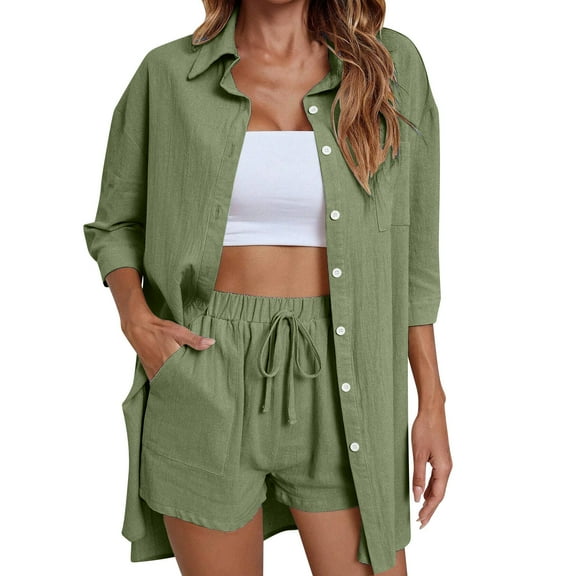 qolati Two Piece Sets for Women Casual Long Sleeve Button Down Shirts Lounge Matching Short Sets Summer Outfits 2024 Trendy Sweatsuit