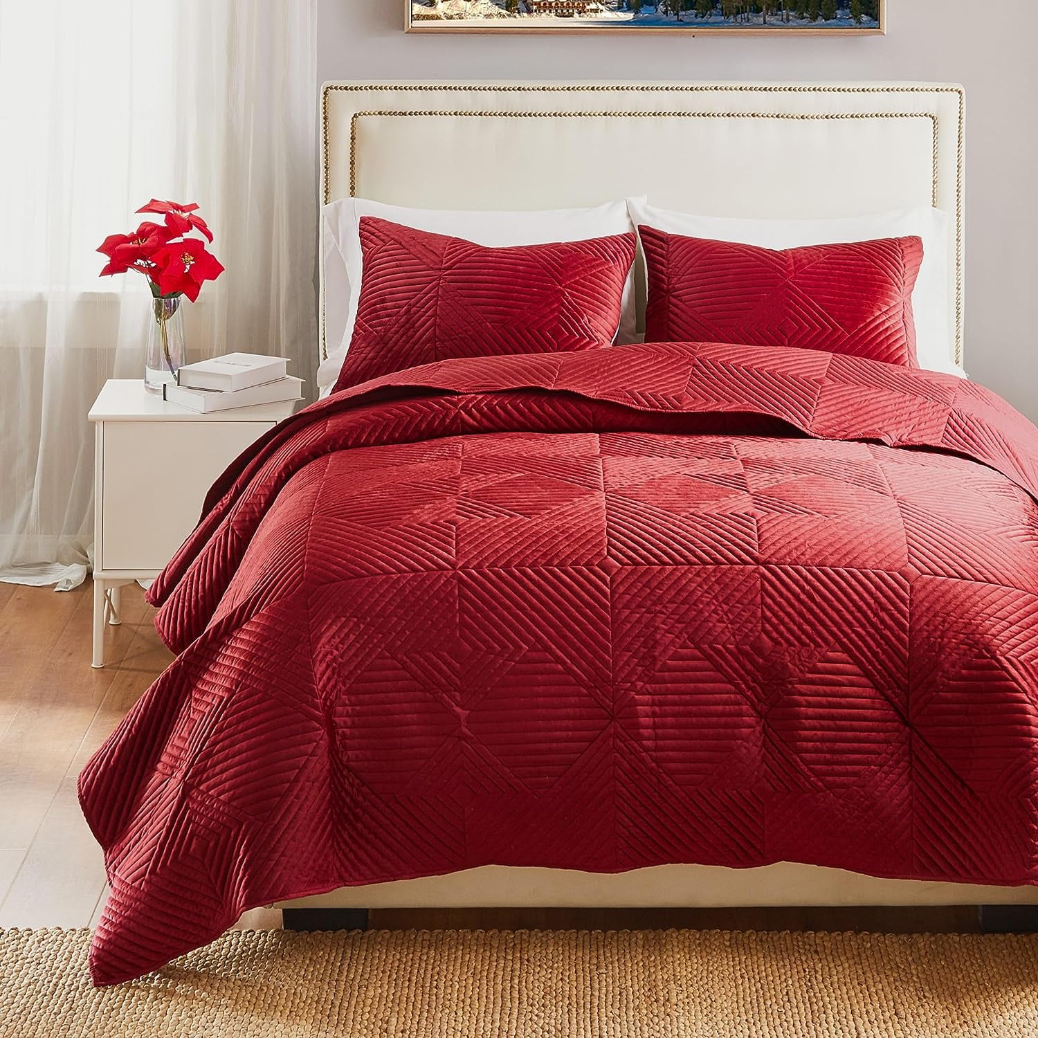 Barefoot Bungalow Riviera Velvet Finely Stitched Modern Quilt Set, Red, 3-Piece King/Cal King