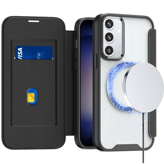 For Samsung Galaxy S23 FE /Fan Edition Flap Wallet Credit Card Slot, Clear TPU Back Hard [Magnetic Circle] Compatible with Magsafe Cover ,Xpm Phone Case [ Black ]