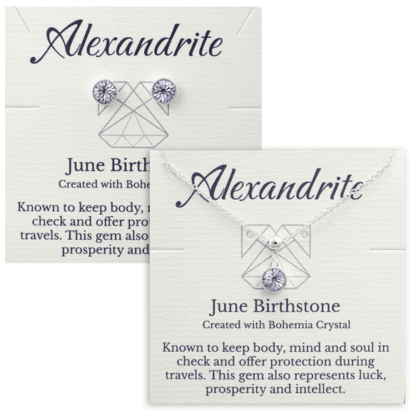 Silver June Birthstone Necklace and Stud Earrings Set with Bohemian Crystals, Silver Plated, Birthday Month Gift, Great for Mom.