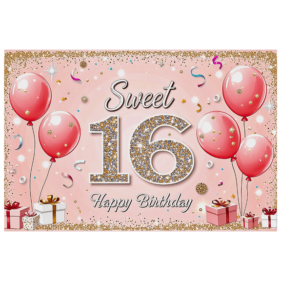 Pink Glittery 16th Birthday Backdrop Banner with Balloons Gifts and Confetti Happy Birthday Party Decoration Photography Prop Party Supplies Background Decorations