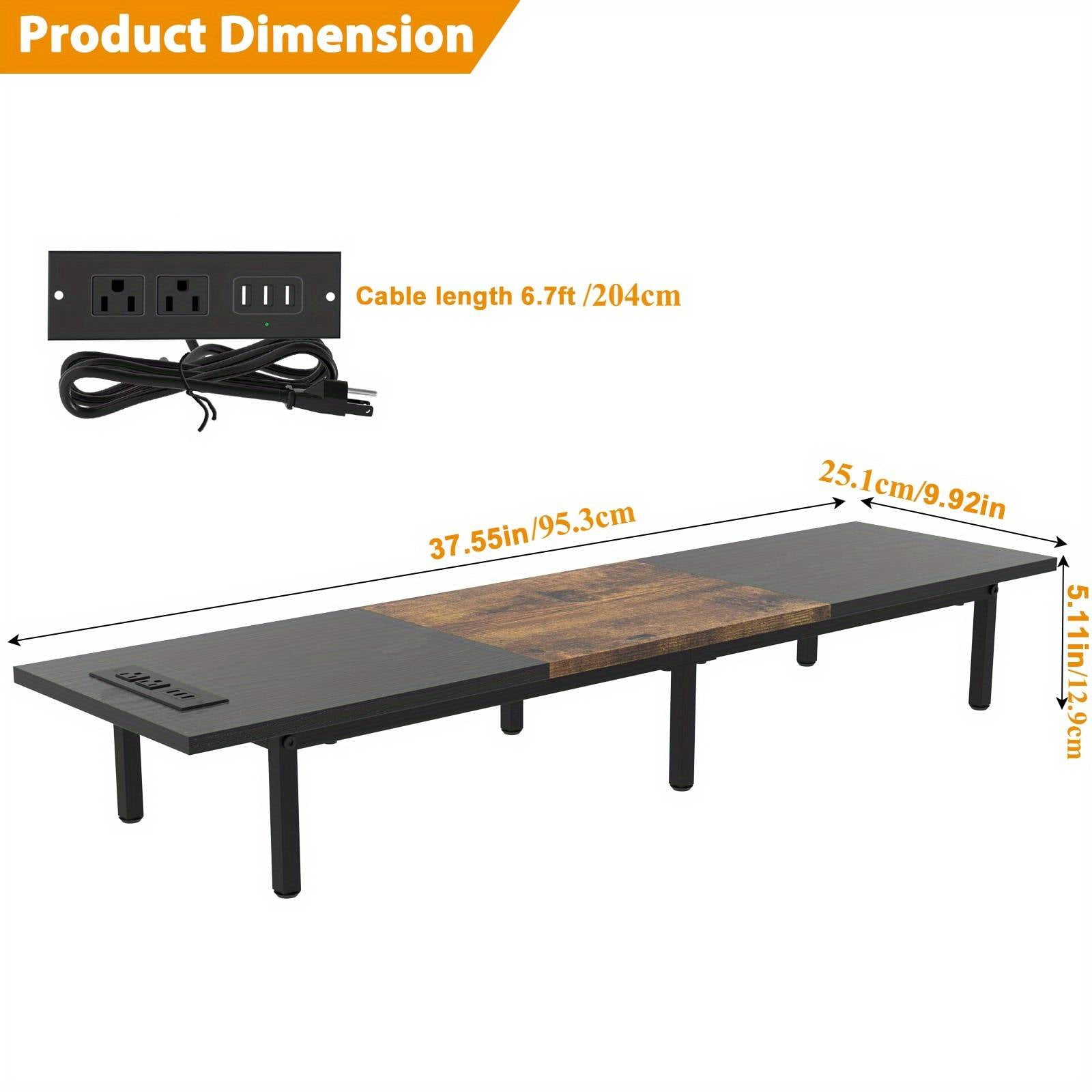 37.5" Extra Long Dual Monitor Stand Riser, Wood & Steel Desktop Organizer for 2 Monitors, TV/Laptop/Printer Holder with Integrated USB Ports, Black&Brown