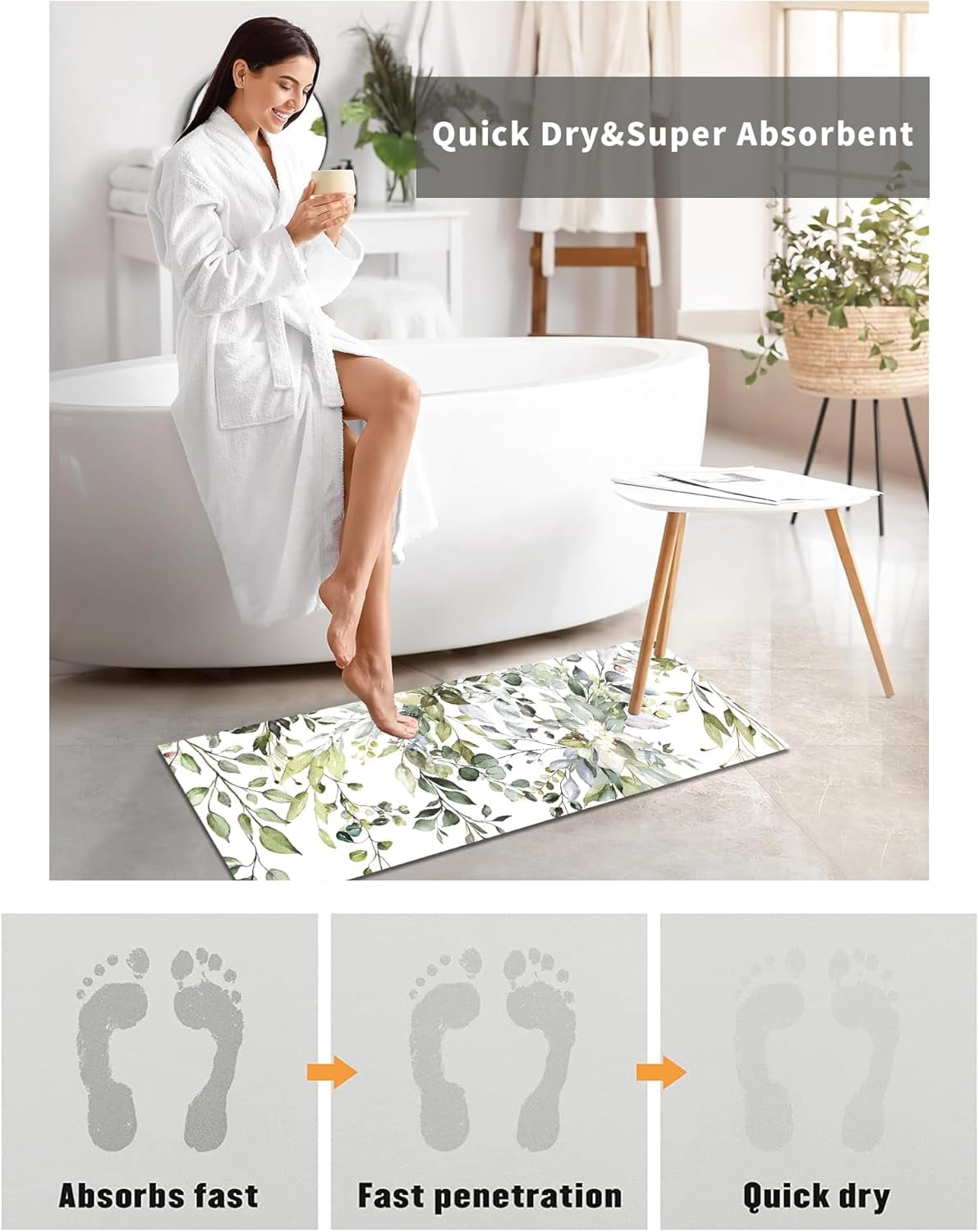 Sage Green Bathroom Rug Long , Boho Eucalyptus Bath Mat Runner Non Slip for Bathroom Bedroom Home Kitchen Decor,Spring Floral Plant Leaves Minimalist Diatomaceous Earth Quick Dry Absorbent Floor Mats