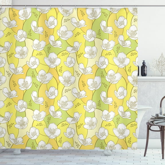 Jasmine Shower Curtain, Exotic Delicate White Jasmine Petals on Colorful Pastel Tones Background Print, Fabric Bathroom Set with Hooks, 69W X 70L Inches, Multicolor, by Ambesonne