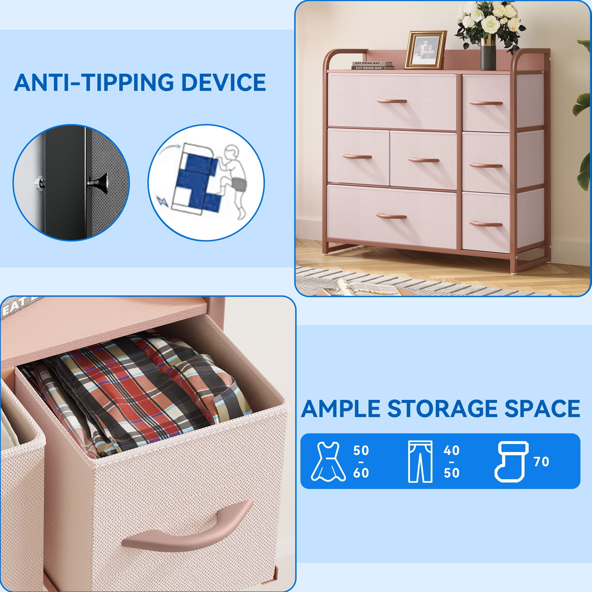 Uforic 7-Drawer Fabric Dresser for Adults, Pink Storage with Rose Gold Metal Frame, & Closet