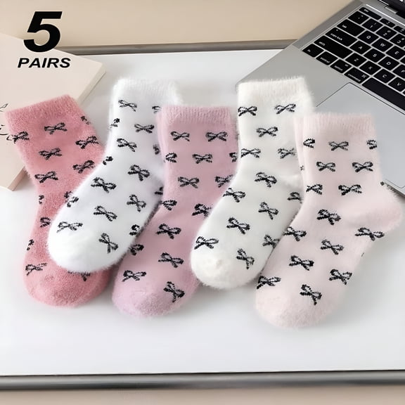 TELOLY 2026 New Women'S Thick, Warm Fuzzy Socks with Bow Design, 5-Pack Comfort, Breathable, Cute Casual Fluffy Ankle Socks, Fuzzy Socks Women