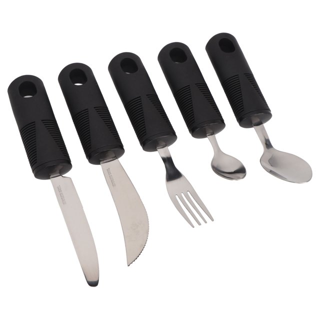 Adaptive Fork Spoons, Rubber Handle Ergonomic Safe Adaptive Utensils Portable Stainless Steel for Home