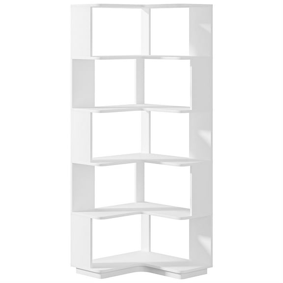 Demi Bonn 6 Tier Bookshelf with Anti-Drop Panel, Corner Bookcase Storage Organizer, 64" Tall Display Standing Shelf Unit for Bedroom, Living Room, White