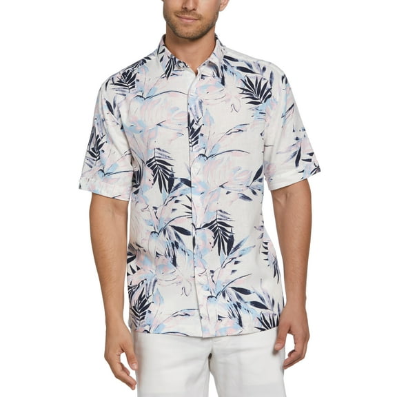 Cafe Luna Men's Linen Blend Tropical Print Short Sleeve Shirt