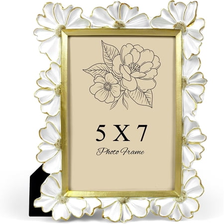 White Picture Frame 5x7 Frames Vintage Flower Textured Hand-Crafted Resin with Glass Front Elegant Retro Vintage Design Photo Frame for Tabletop Display Home Decor
