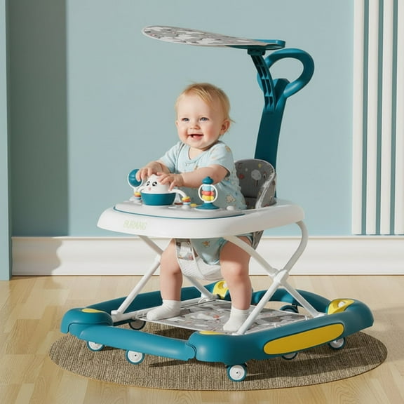 PUEDO 6 in 1 Baby Walker with Wheels for Babies 6-24 Months, Foldable Push Walker for Boys Girls, Green