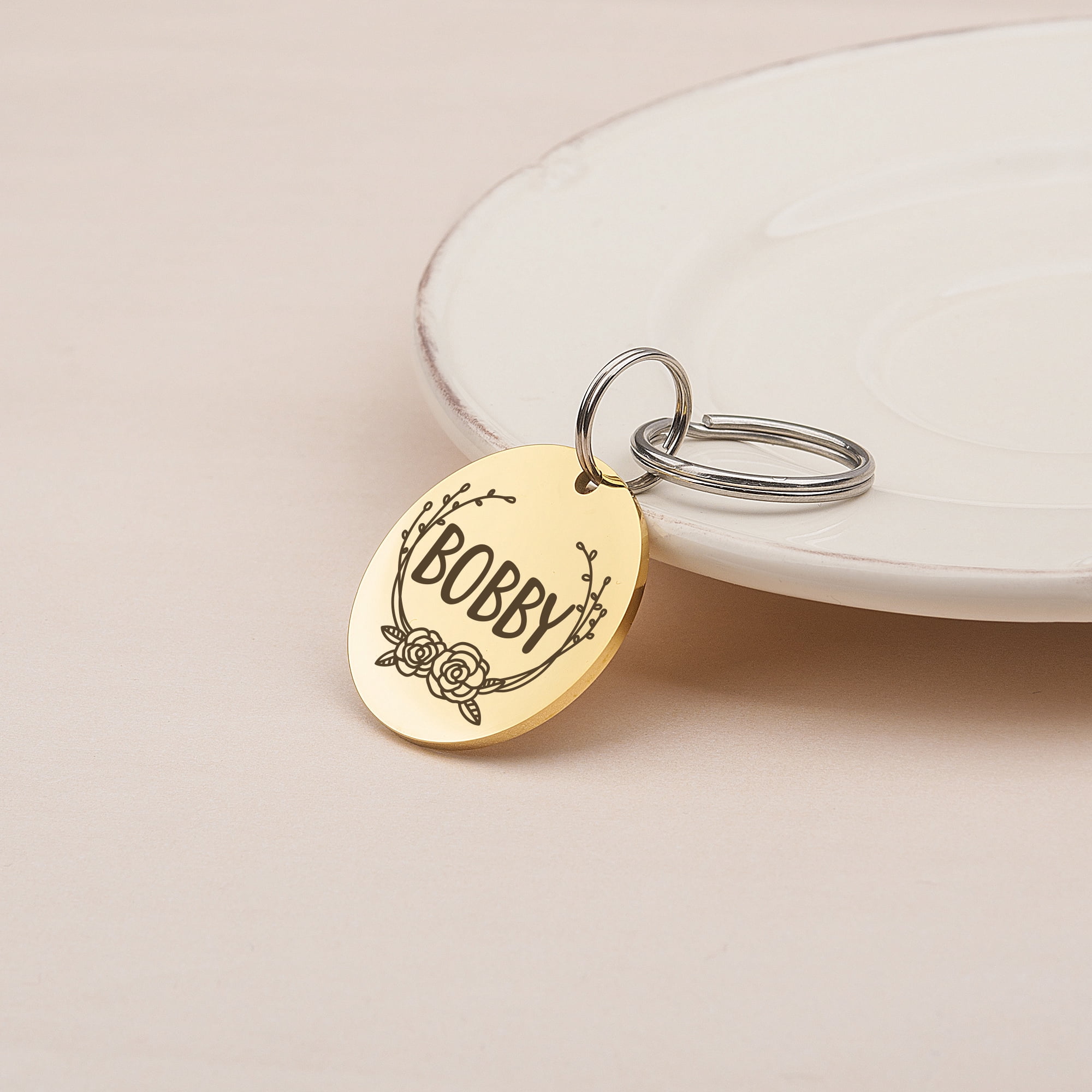 Anavia Stainless Steel Metal Round Name - Boarder Birthday Holiday Christmas Engraved Dog Cat ID Tag, Gold