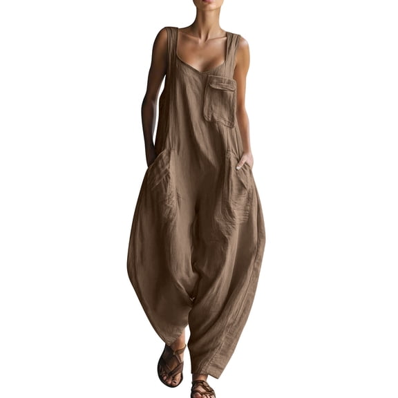 Kilaqueen Women's Linen Jumpsuits Summer Sleeveless Loose Casual V Neck Spaghetti Strap Wide Leg Long Pants One Piece Baggy Overalls with Pockets