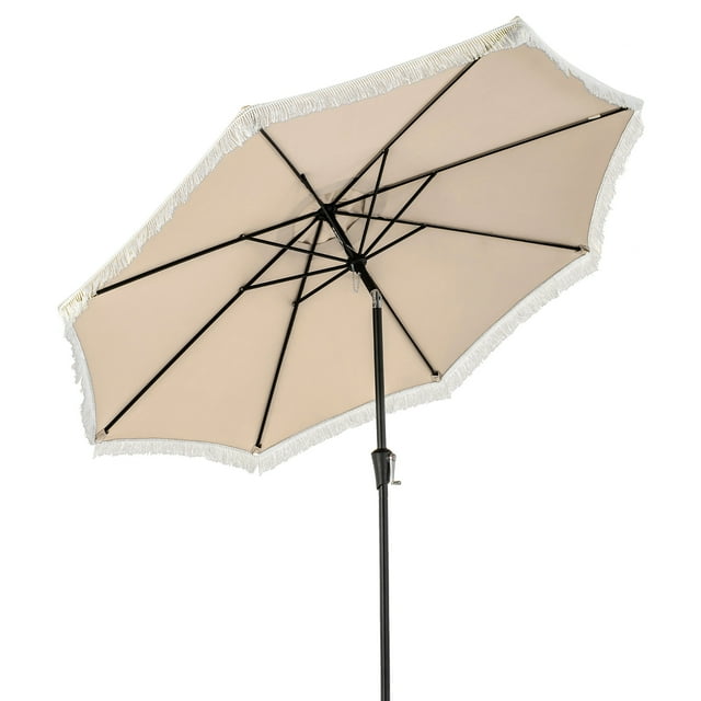 Gymax Parasol de Patio 9 Pi Parasol de Marché à 2 Niveaux pour Table avec Manivelle Inclinaison à Bouton-Poussoir Beige