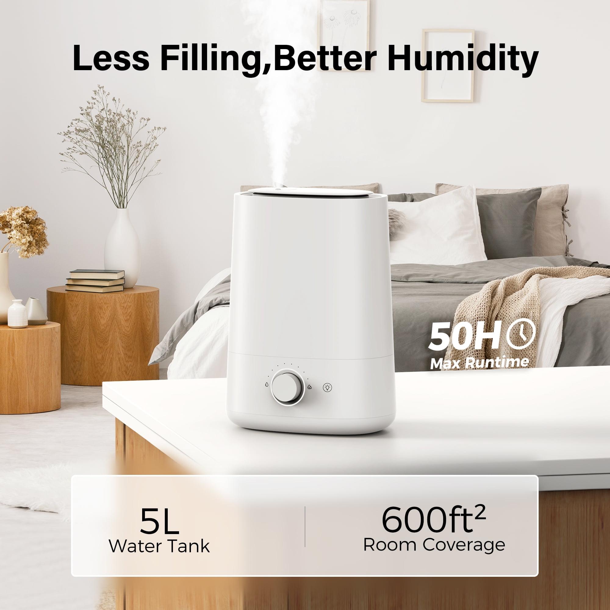 ALROCKET 5L Humidifiers for Bedroom, Cool Mist Humidfiers for Home Large Room,50H Runtime Ultrasonic Humidifier,Baby and Plant,White