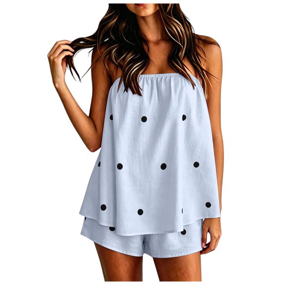 Vdoaml Women 2 Piece Matching Set Ladies Strapless Tube Top Shorts Loose Casual Polka Dot Summer Lounge Outfits M Light Blue