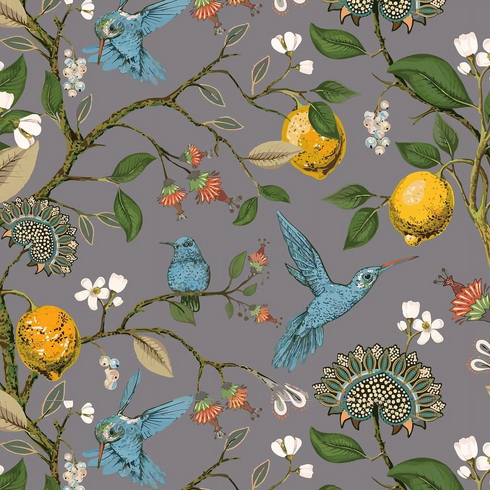 Topfinel Fancy Hummingbird Patterned Curtain,Grey Curtains for Living Room, Thermal Insulated Blackout Curtains for Bedroom, Floral Vintage Lemon Curtains 72 inch Length 2 Panels Set