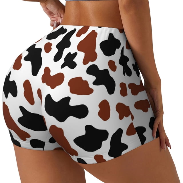 Fotbe Brown Black Cow Shorts Sin Costuras – Shorts Deportivos de Cintura Alta para Mujer, Elásticos para Gimnasio, Yoga, Running o Ciclismo-XX-Large