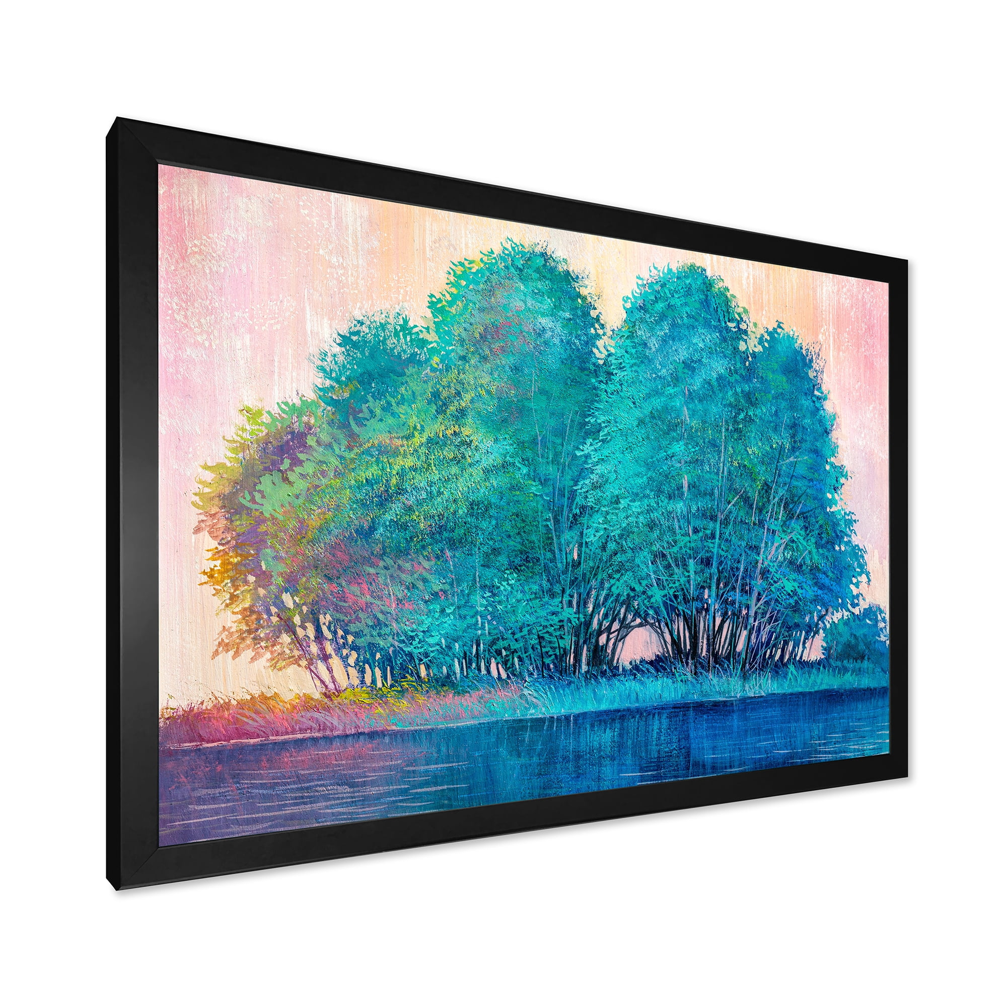 Designart 'Blue Coloured Tree Impression By Lakeside' Lake House Framed Art Print