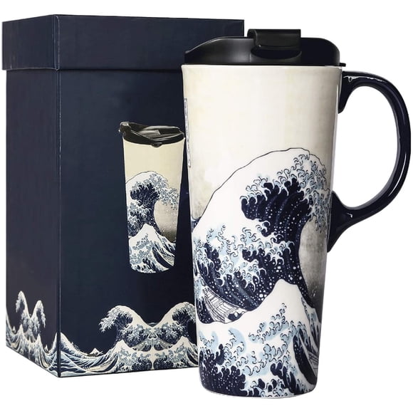 Topadorn Ceramic Travel Mug Porcelain Coffee Cup with Spill-proof Lid and Box, 17 Oz.