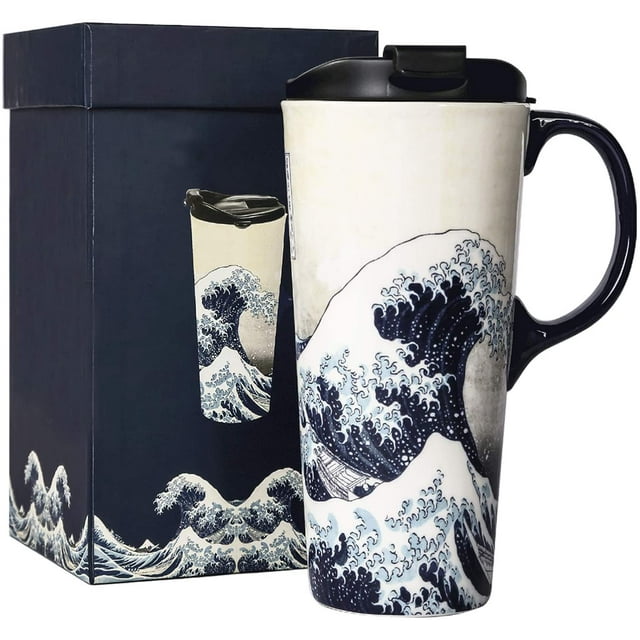 Topadorn Ceramic Travel Mug Porcelain Coffee Cup with Spill-proof Lid and Box, 17 Oz.