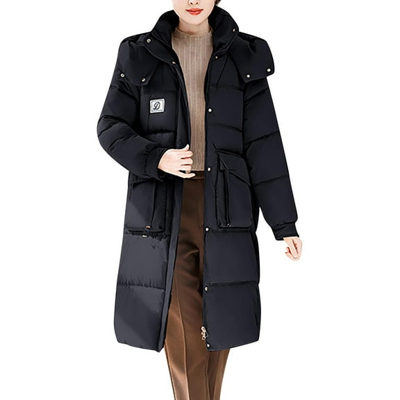 TKLPEHG Women's Winter Warm Puffer Padded Coats Long Sleeve Hooded Long Puffer Coat Casual Loose Outwear (Black,L)