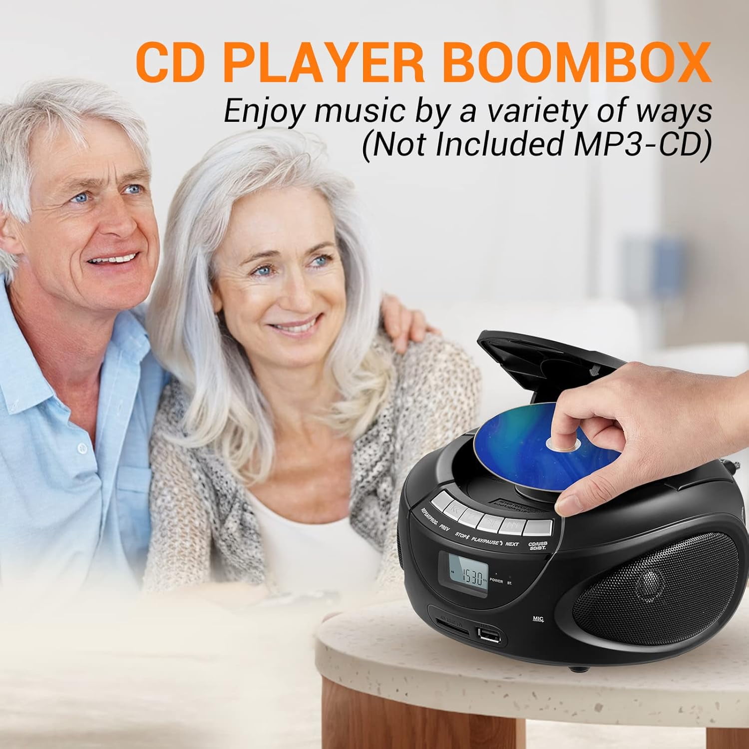 Portable CD Player Boombox with AM/FM Stereo Radio,Bluetooth Speaker Players,Support CD/USB/SD/BT/AUX,Clear and Full Sound with Bass Boost,LCD Display,Headphone Jack, AC/Battery,Gift for Elderly