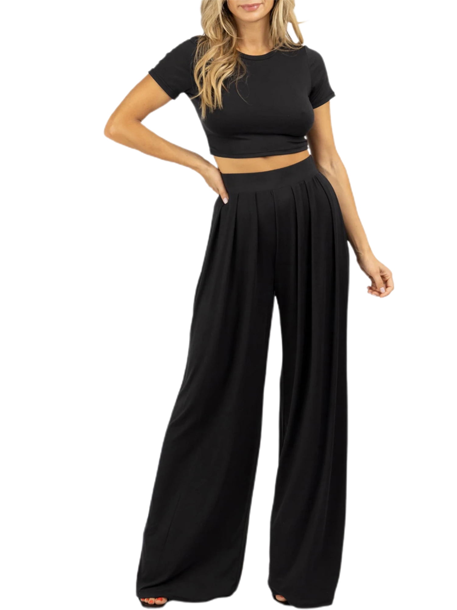 Wide Leg Pant Suits for Women Elegant 2 Piece Solid Outfits Off Sholder Sleeve Crop Top High Waist Long Pants with Pockets 