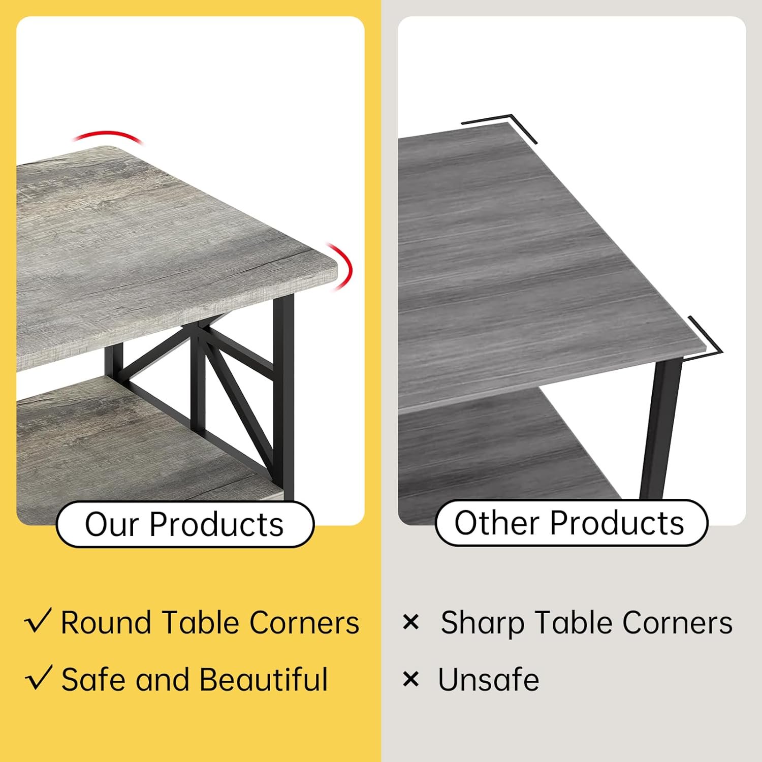 Lamerge Coffee Table with Round Corners, 2 Tier Coffee Table with Storage Shelf, Rectangular Center Table for Living Room Modern Style, Marble Tea Table 39.37 × 21.65 Inches, Easy to Assemble, Grey