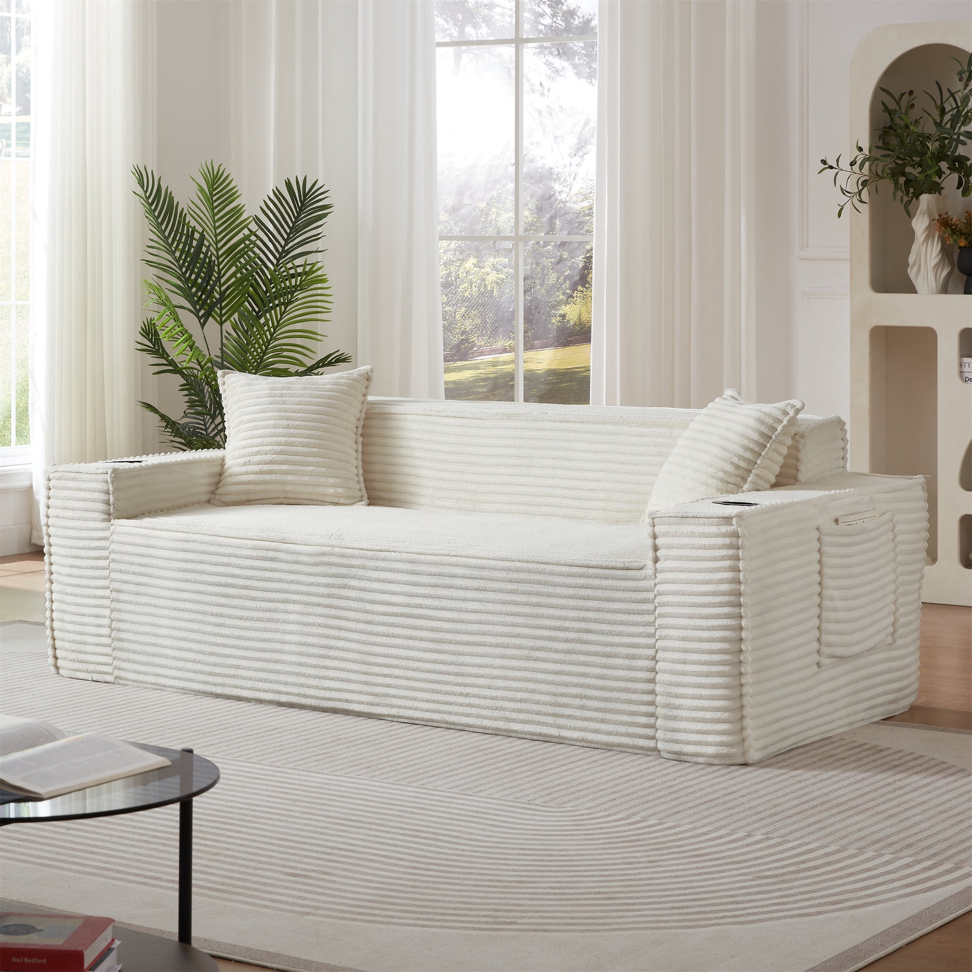 Aukfa 3 Piece Sofa Set - 81" 3 Seat Boneless Couch with 2 Cup Holders&Side Pockets for Living Room, White