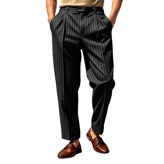 IROINNID Mens Striped Pleated Pants High Waist Casual Dress Trousers with Belt Loops Side Pockets Relaxed Fit Business Work Commute Bottoms
