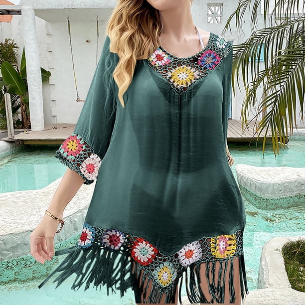 Falda de playa de longitud media para mujer, estilo playero, con flores y ganchos hechos a mano, para primavera y verano