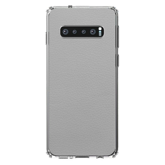 DistinctInk Clear Shockproof Hybrid Case for Samsung Galaxy S10 (6.1" Screen) - TPU Bumper, Acrylic Back, Tempered Glass Screen Protector - Lt Grey Faux Leather Print Design - Printed Leather Image