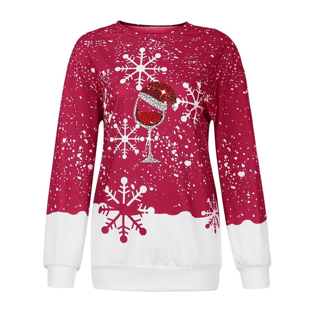 BeautyIn Blouse Imprimée Flocon de Neige Col Rond pour Femmes Chemise Décontractée Ample Pull Chandails en Molleton