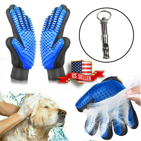 VeniCare Pet Grooming Gloves Brush Dog Cat Hair Remover Mitt Massage Deshedding 1 pair   Training Whistle