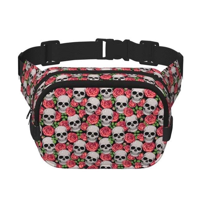 Balery Skull and Roses Mochila Cinturón para Mujeres y Hombres, Bolsa de Cintura Impermeable de Doble Capa con Correa