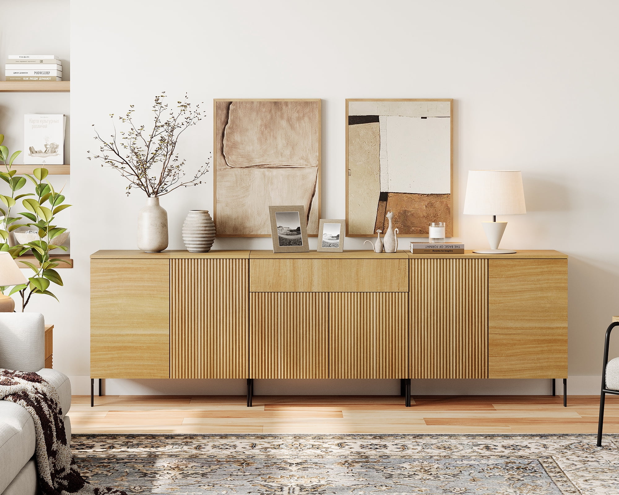 94.5" Reeded Accent Cabinet Set with Doors and Drawers, Modern Credenza Storage Cabinet with Adjustable Shelves for Living Room, Kitchen, Dining Room, Hallway