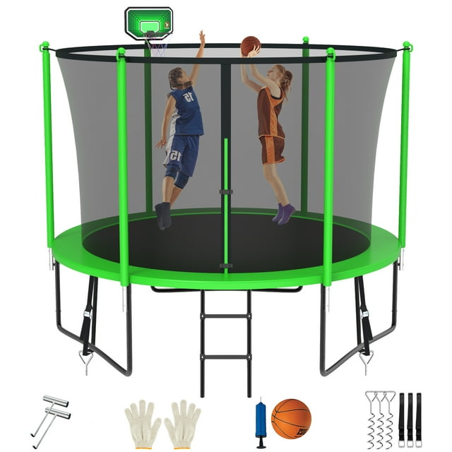 Jump Into Fun Trampoline de 10 Pi pour 3-4 Enfants, Trampolines Capacité de 1000 Lb avec Enceinte, Panier de Basketball, Piquets Coupe-Vent, Trampoline Récréatif d'Extérieur Robuste avec Revêtement Galvanisé Antirouille