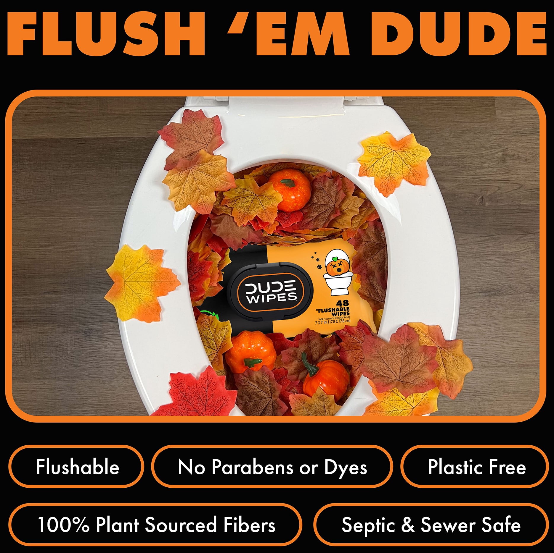 DUDE Wipes Limited Edition DUMPkin Spice,  Extra Large Fall Scented Flushable Wet Wipes, 48 Count, 3 Pack (144 Total)