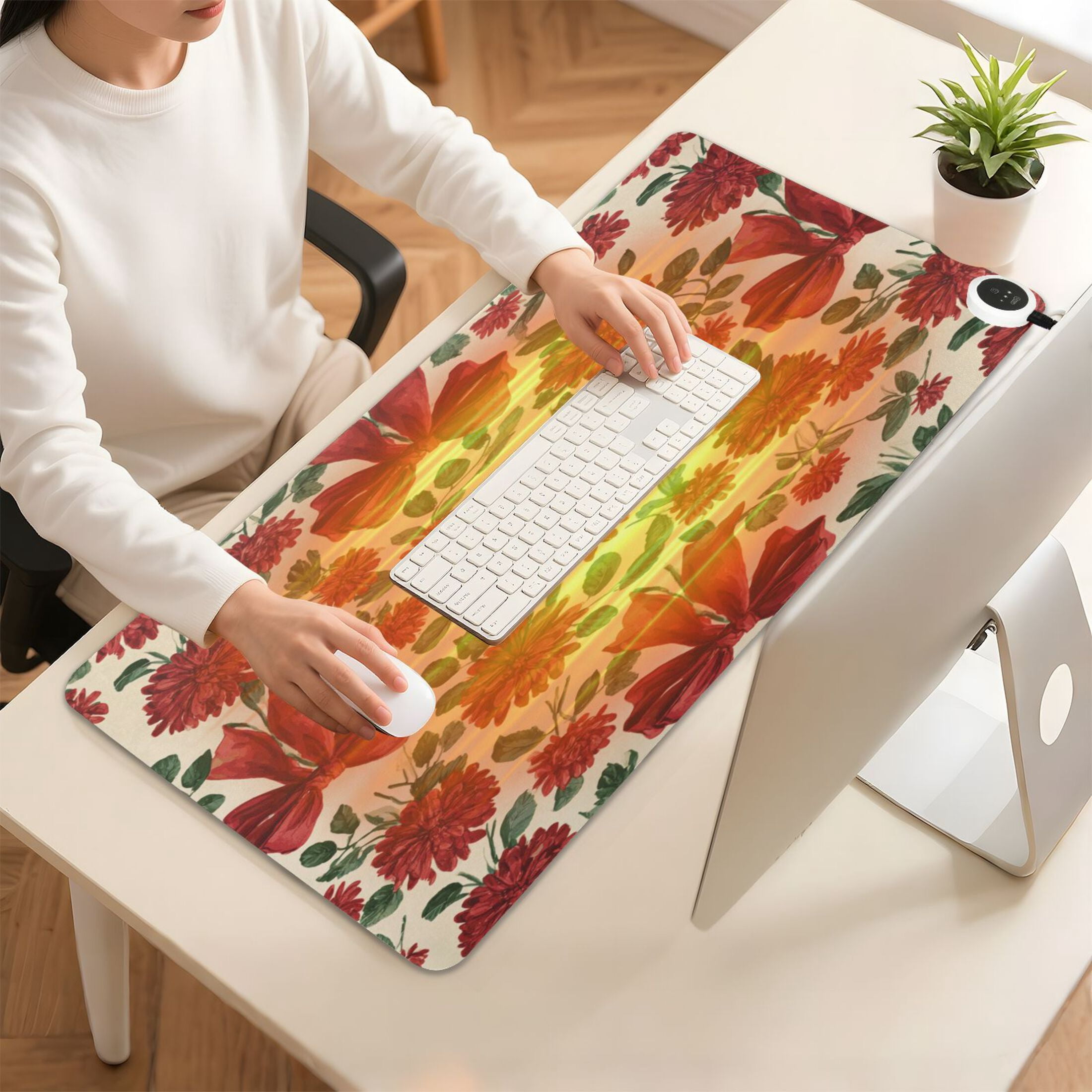 Large Heated Desk Mat Mouse Pad 31.5"x13"PU Leather Graphene Heating Desk Warmer with 3 Temperature Settings 110V US Plug Non-Slip Warm Pad for Home, Office, and Gaming Red Christmas Bows and Floral