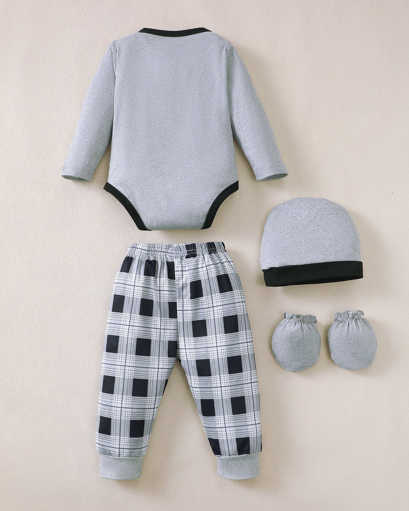 KIMI BEAR Newborn Baby Boys Layette Set Winter Outfits Long Sleeves Romper Set Letter Print Top Plaid Pants with Hats and Gloves 16pcs Clothing Brown 9-12 Months